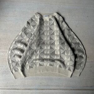 Vintage 90s Monello Geometric Knit Sweater Beige Wool Silk Blend